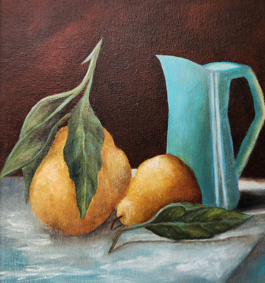 pears with teal pitcher, 8x8" oil painting oil painting