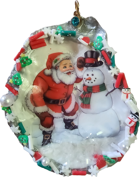 Santa and Snowman Oyster Shell Ornament - SOLD