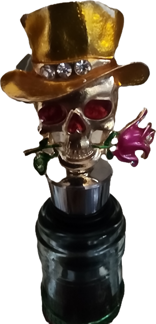 Gold Skull with Rose Wine Bottle Stopper