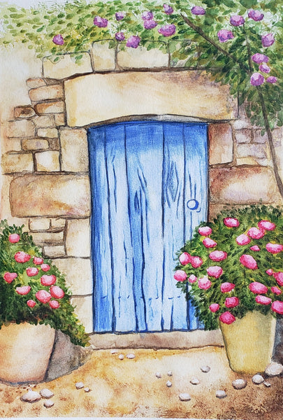 The Blue Door Water Color Painting